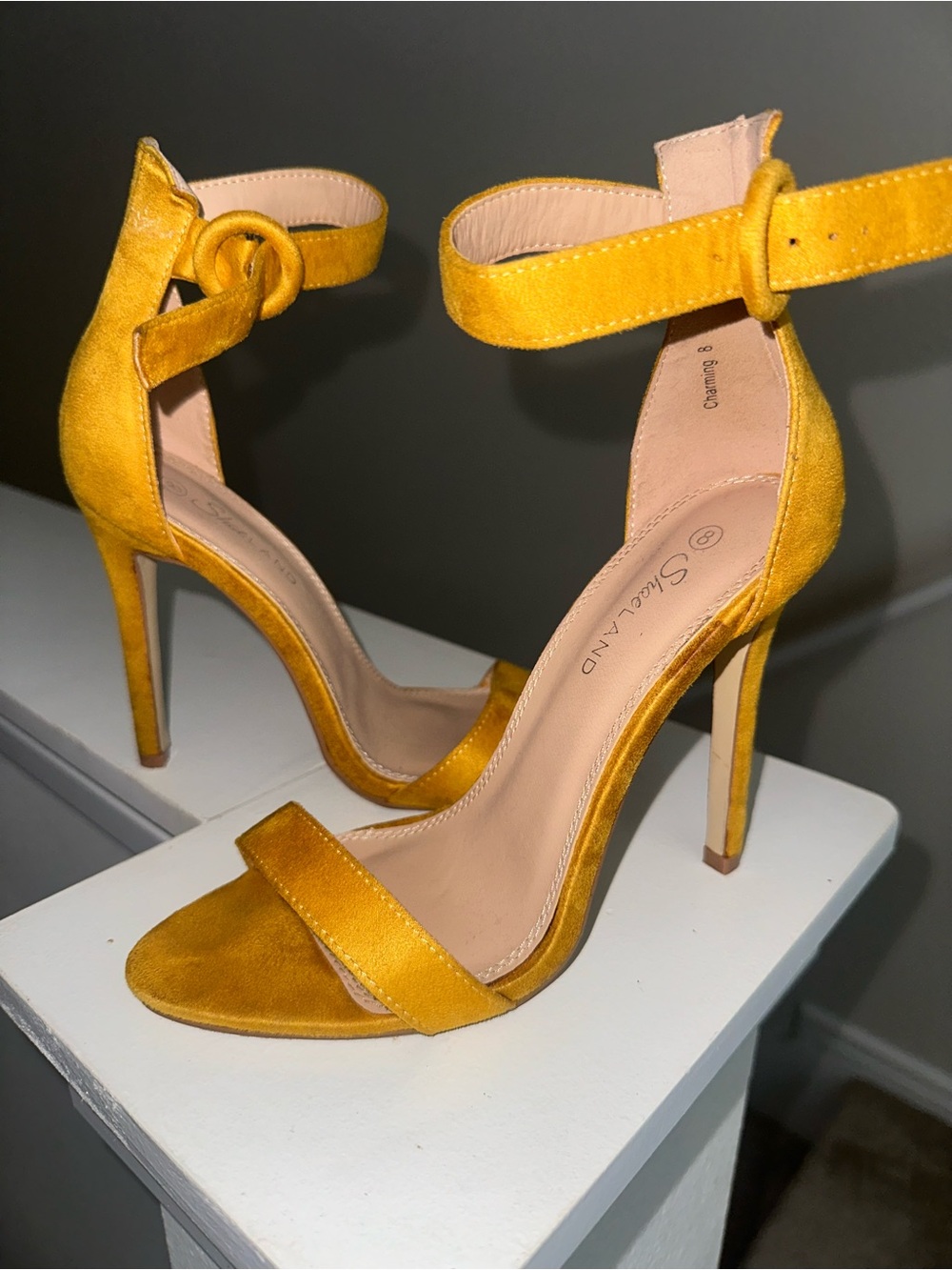 Sole+Land Yellow Velvet Ankle-Strap Stiletto Heels